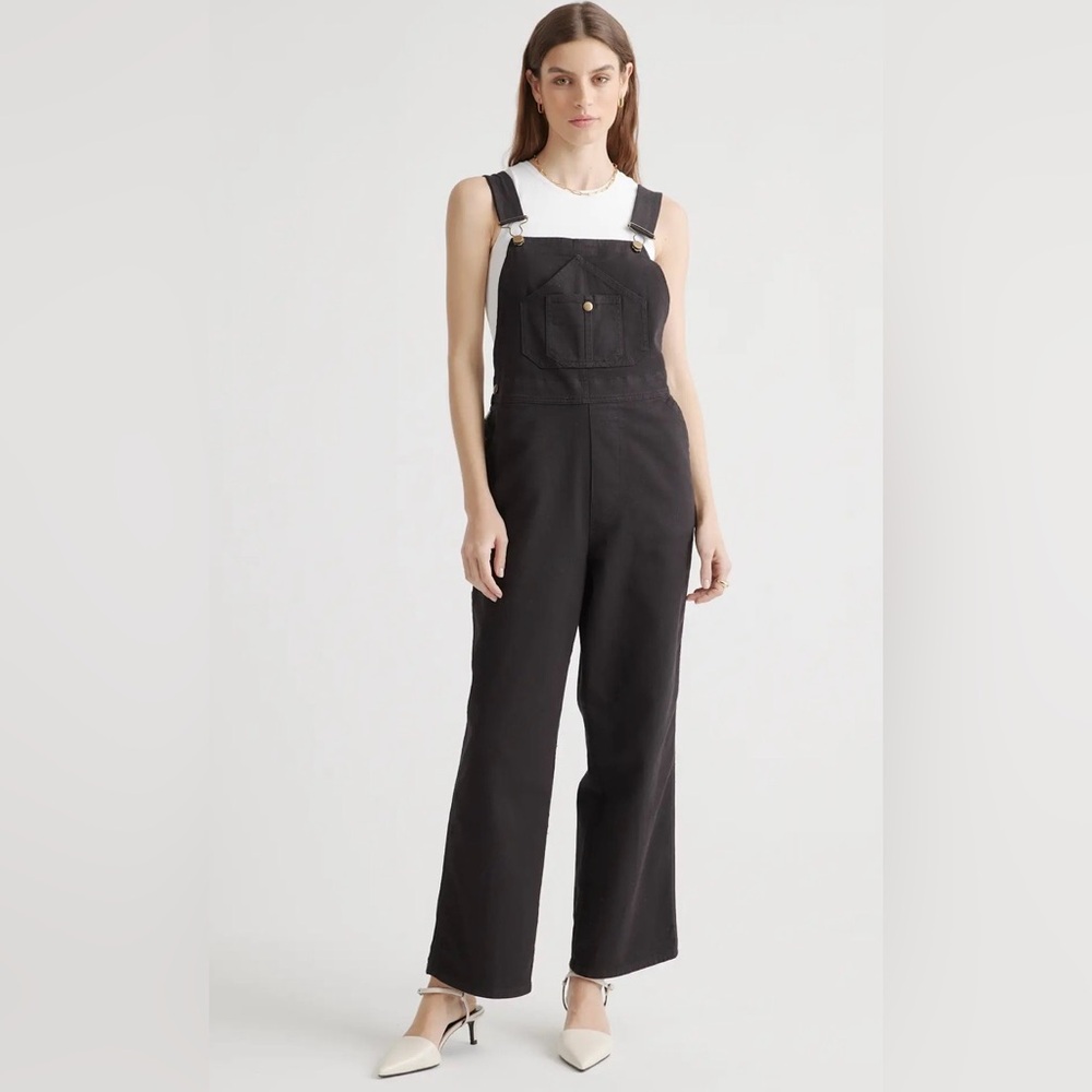 Quince Organic Stretch Cotton Twill Relaxed Overalls in Black, Size Small